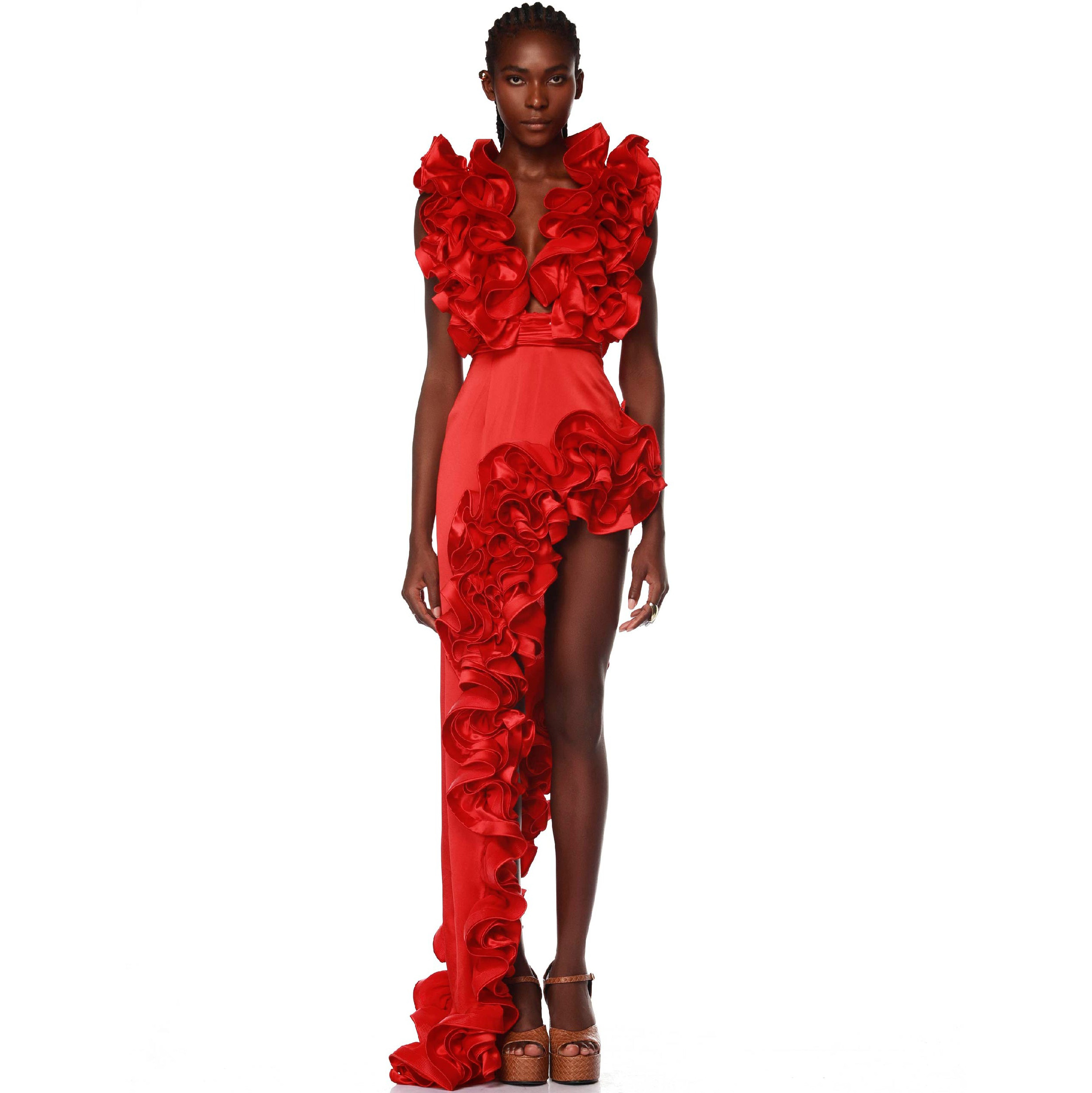 Red Flower Frilled V Neck One Piece Swimsuit and Skirt