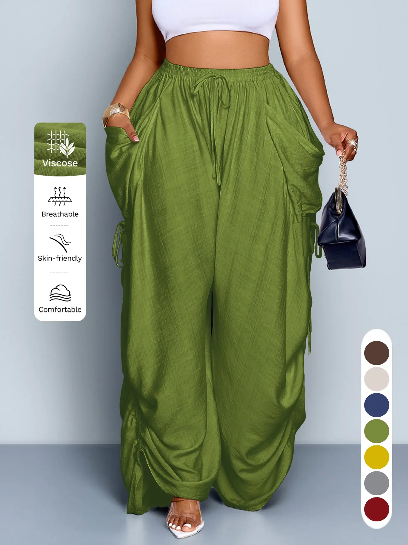 Women's Casual Loose-Fit Wide Leg Drawstring Pants, All-Season Woven Fabric, Long Plain Design, Daily Commute & Vacation Wear