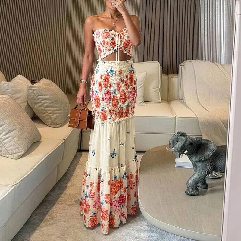 Women's Tropical Floral Print Smocked Maxi Dress Ruched Bandeau Cutout Summer Vacation Dress Elegant Shirred Ruffle Hem Mermaid Beach Dress/Summer Dress/Seaside Vacation Sleeveless Skirt