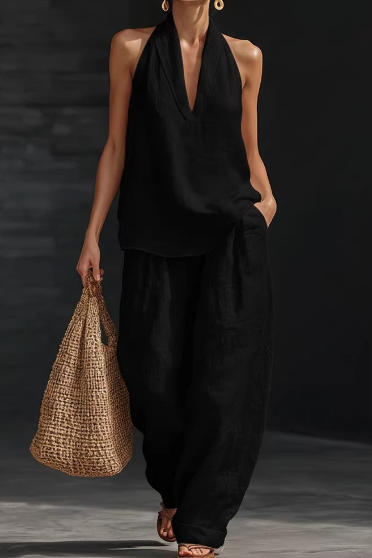 Halter-Neck V-Neck Sleeveless Casual Set