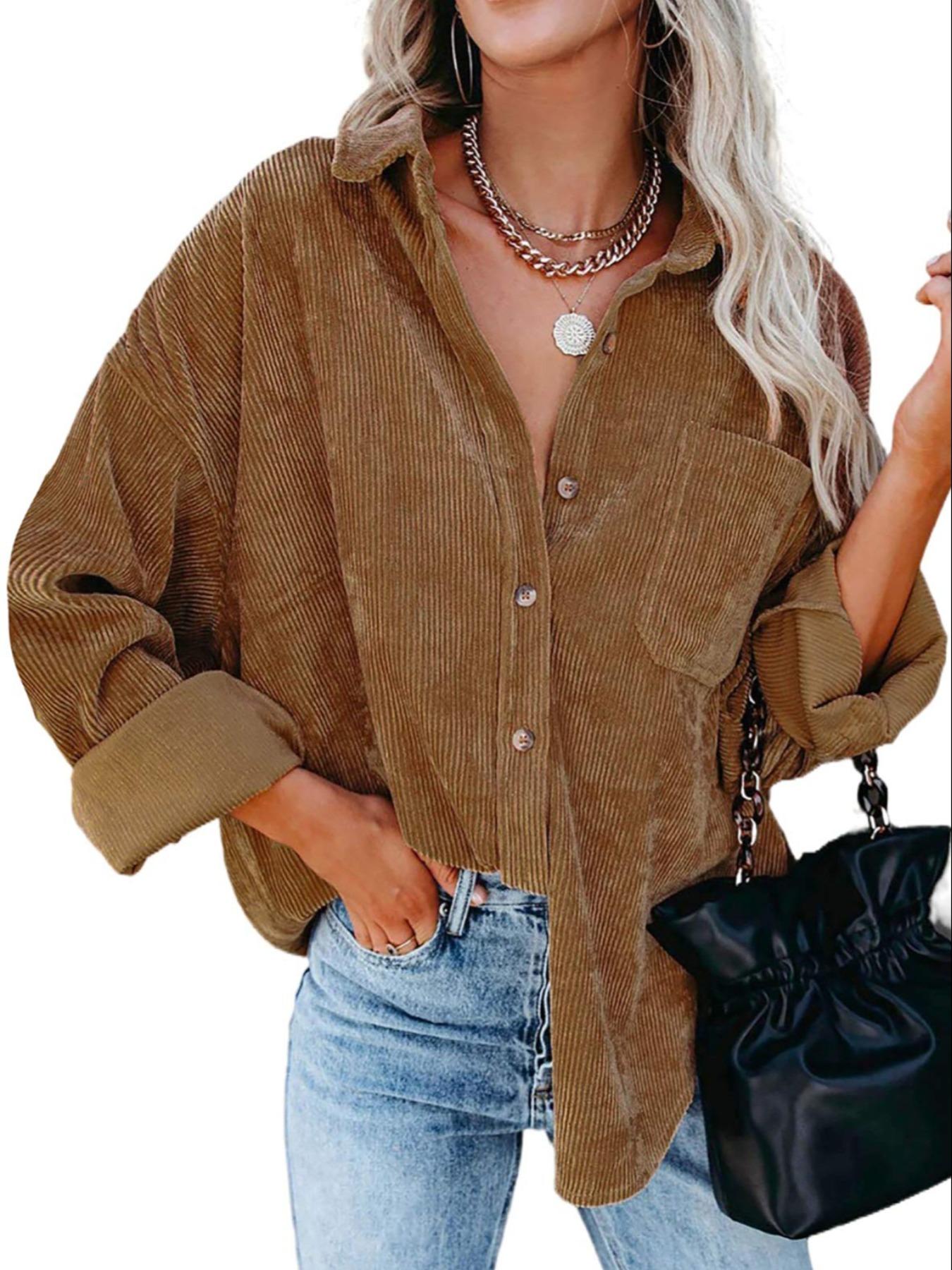 Women's Corduroy Button Collared Blouse Shirt With Pocket, Long Sleeve Loose Fit Oversize Drop Shoulder Casual Everyday Style For Spring & Fall