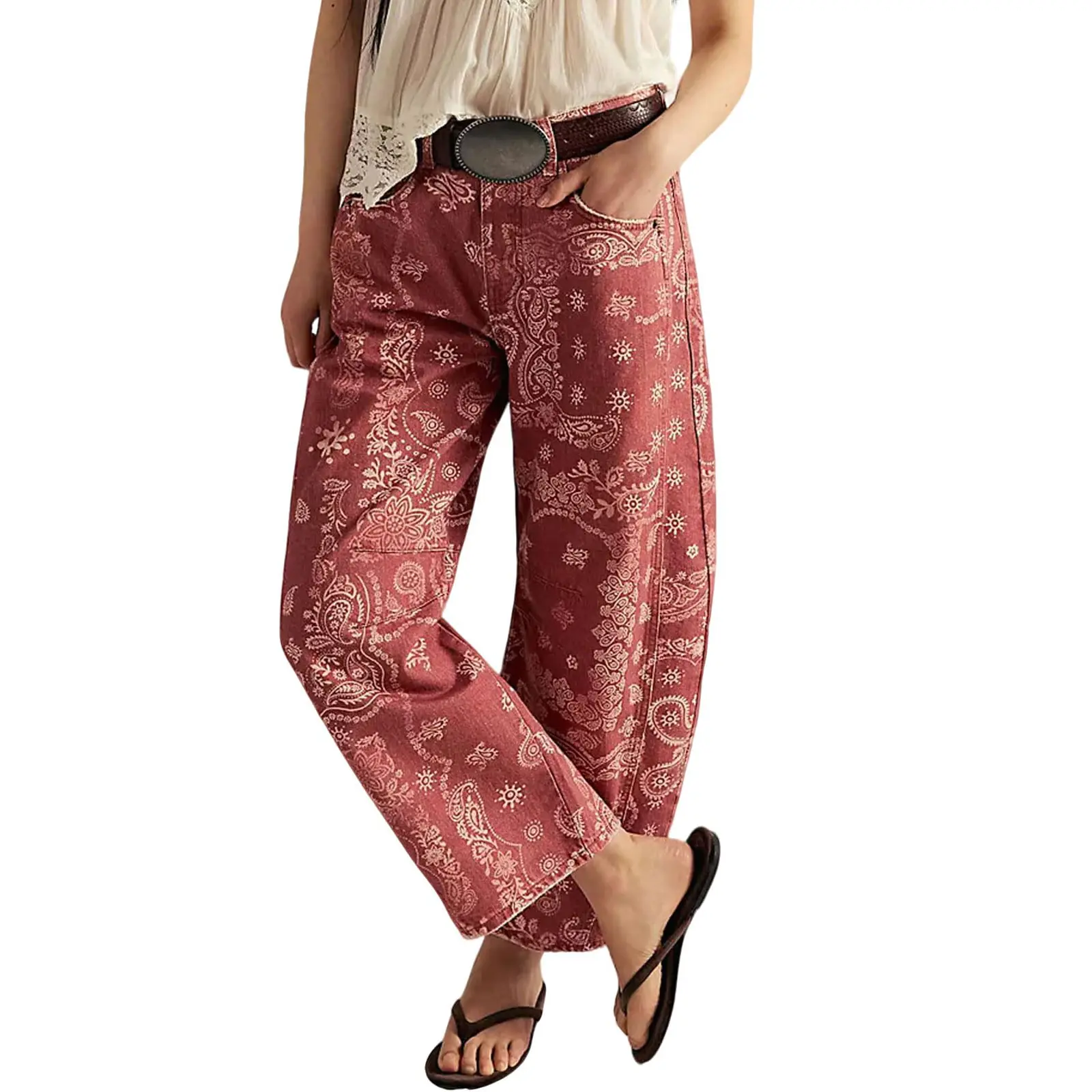 Women's Printed Wide-Leg Jeans Y2k Loose Mid-Rise Jeans in Soft Pink with Boho Floral Pattern Casual Denim Trousers