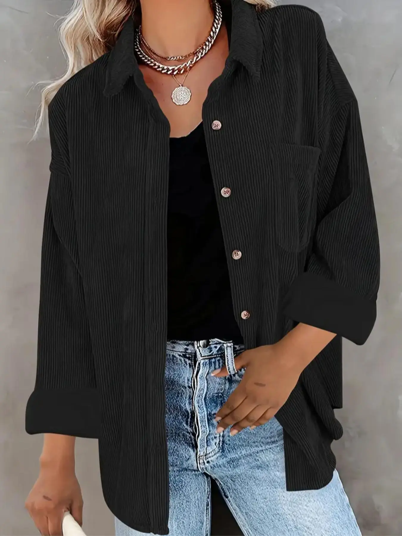 Women's Corduroy Shirt with Pocket - Drop Shoulder Style
