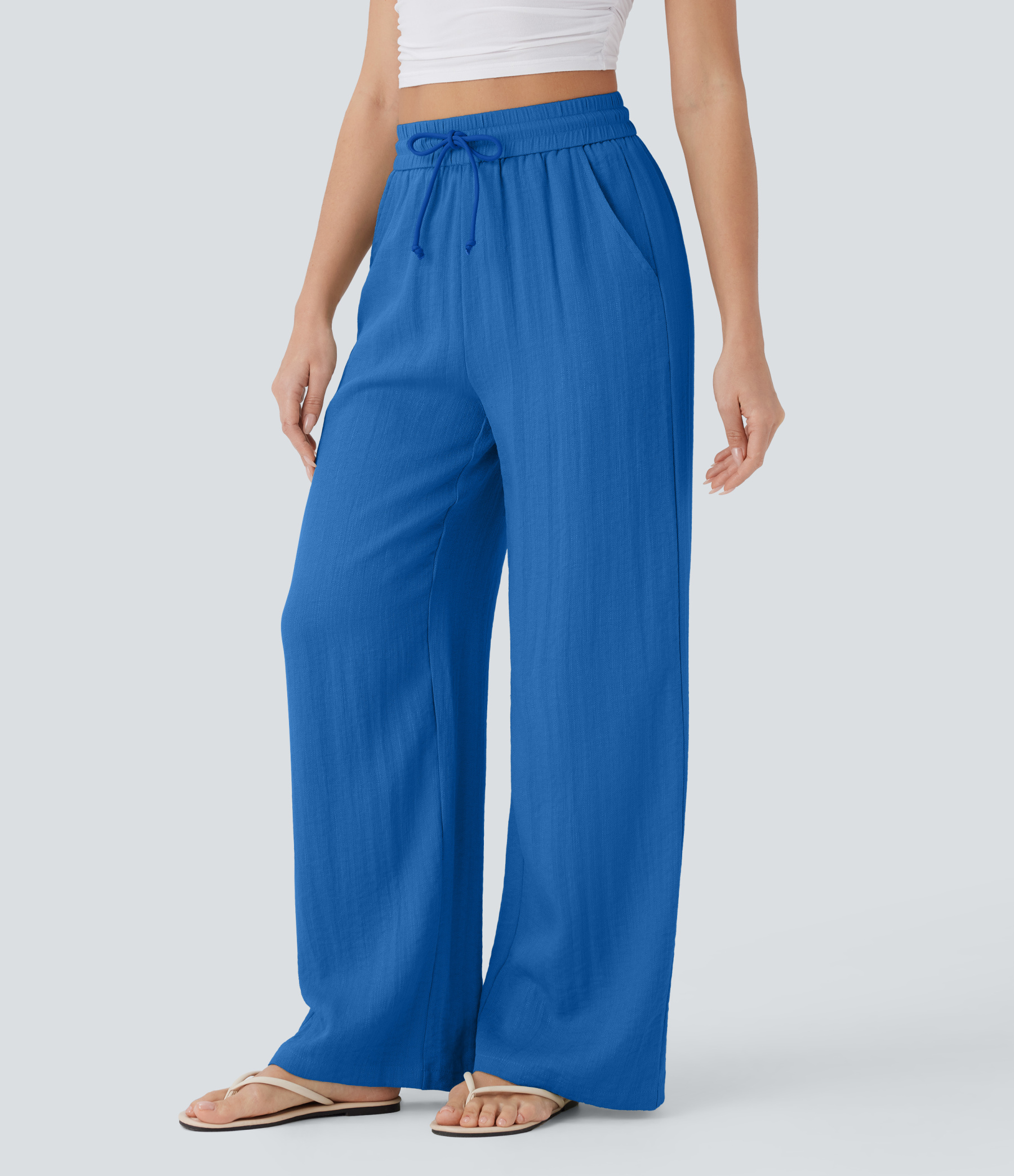 High Waisted Drawstring Pocket Wide Leg Casual Linen-Feel Pants