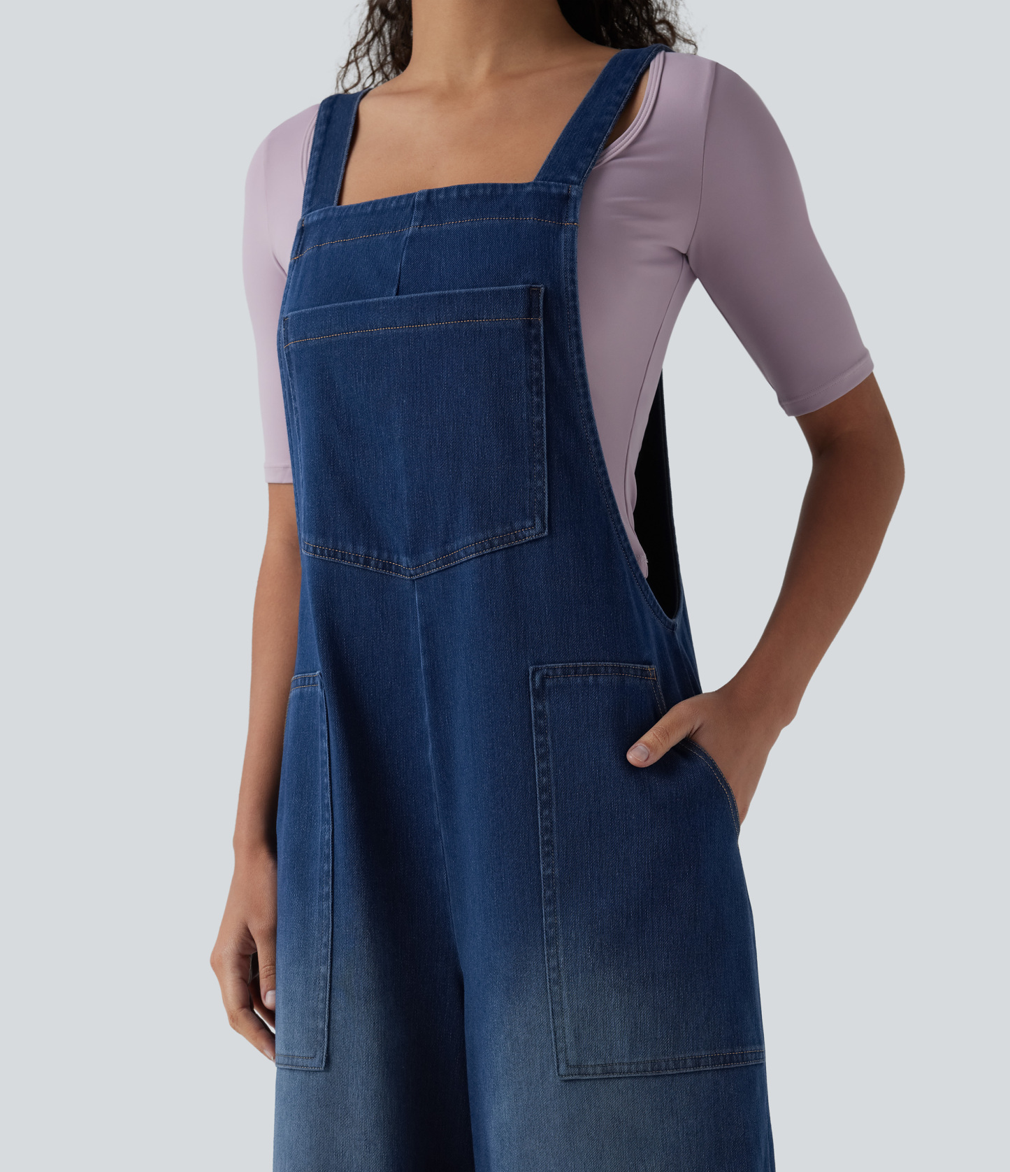 Square Neck Washed Denim Casual Overalls with Pockets
