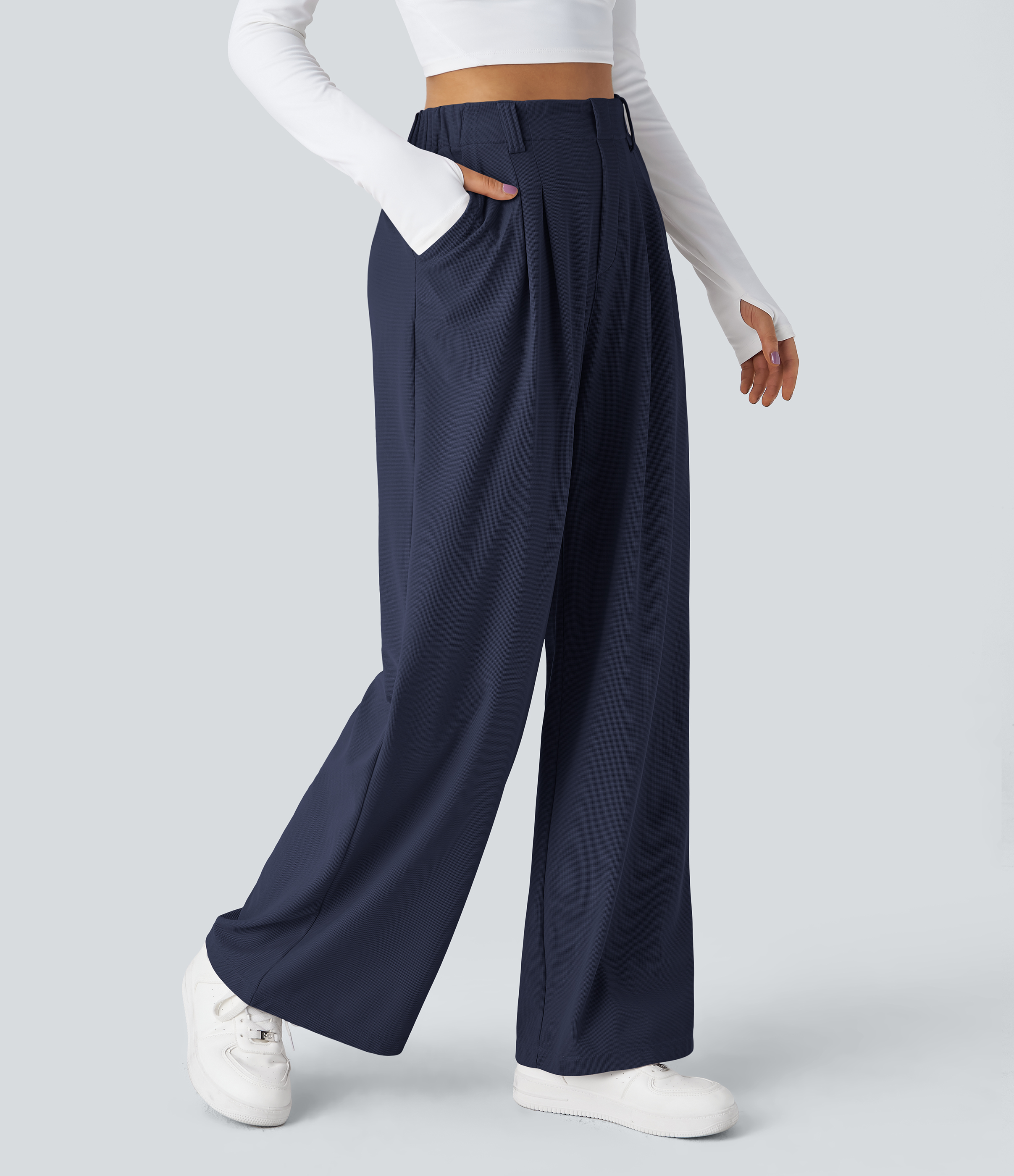 High Waisted Pocket Wide Leg Waffle Work Pants