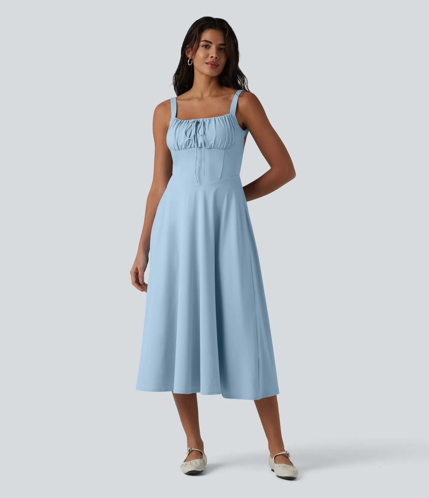 Crisscross Backless Square Neck Sleeveless Ruched Built-in Bra Midi Resort Flowy Dress