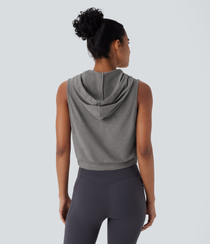 Hooded Drawstring Sleeveless Cropped Running Tank Top