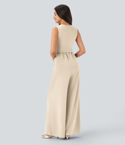 V Neck Sleeveless Ruched Pocket Jumpsuit-Easy Peezy