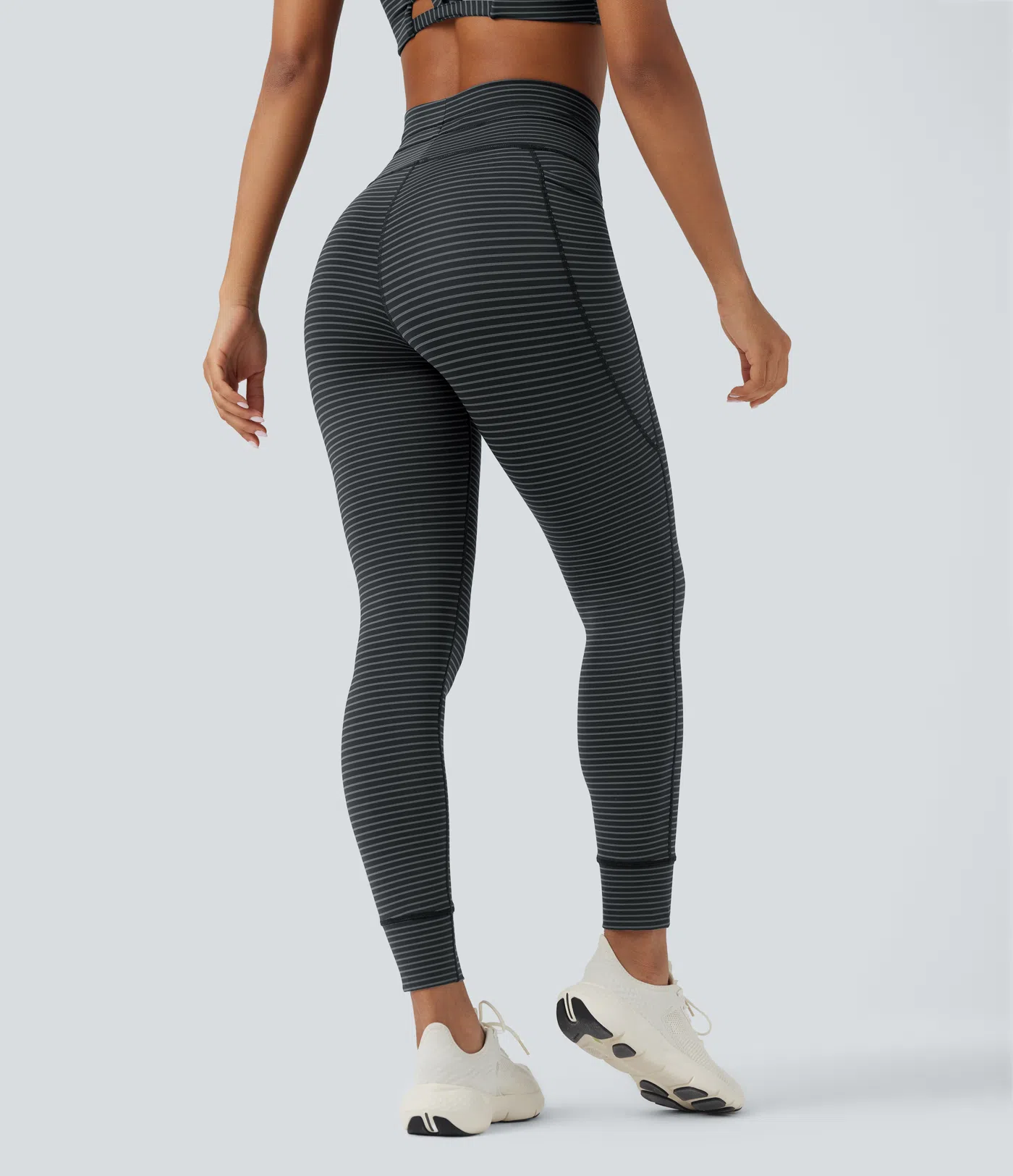 High Waisted Drawstring Striped Yoga Leggings with Pockets