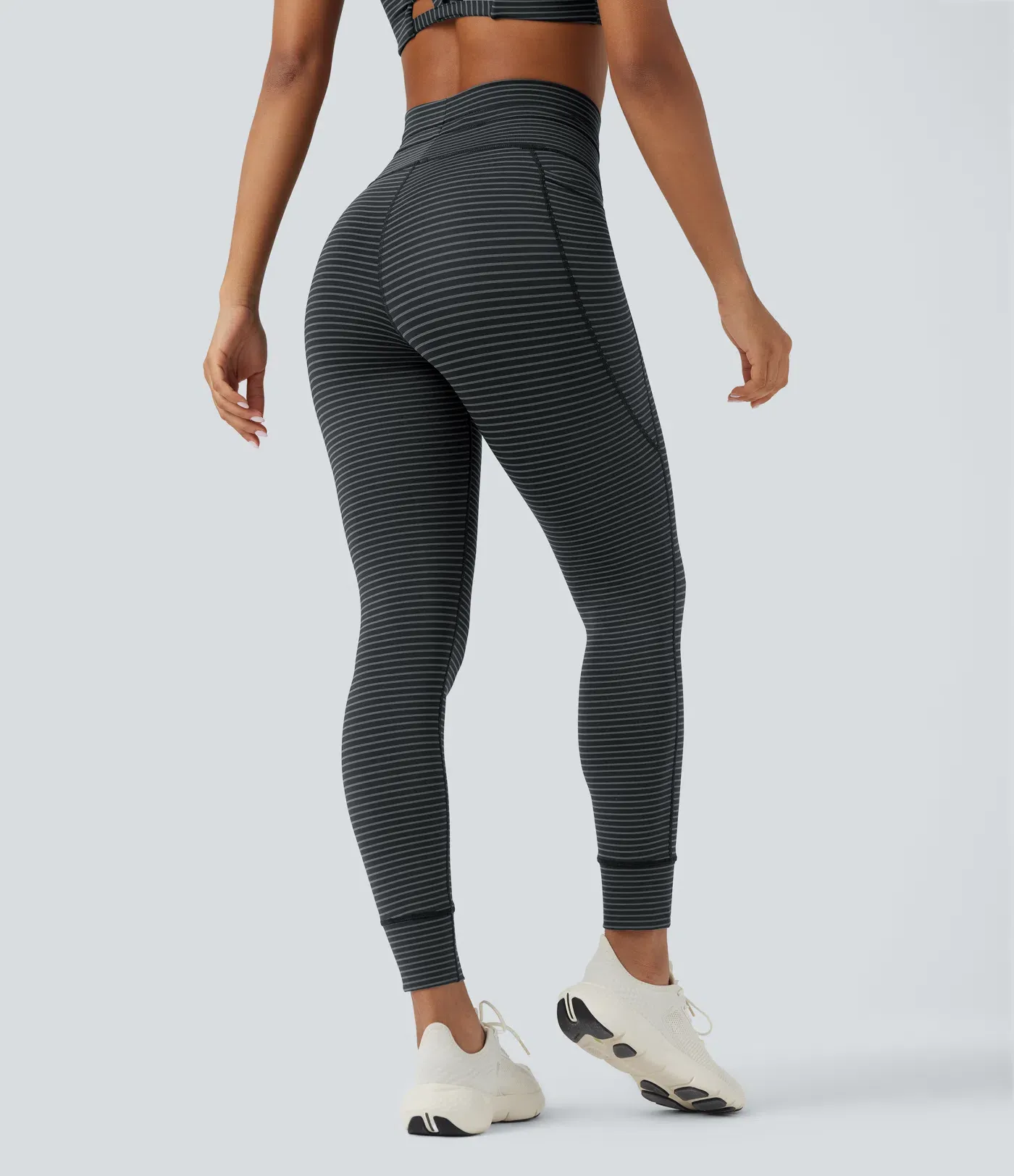 High Waisted Drawstring Striped Yoga Leggings with Pockets