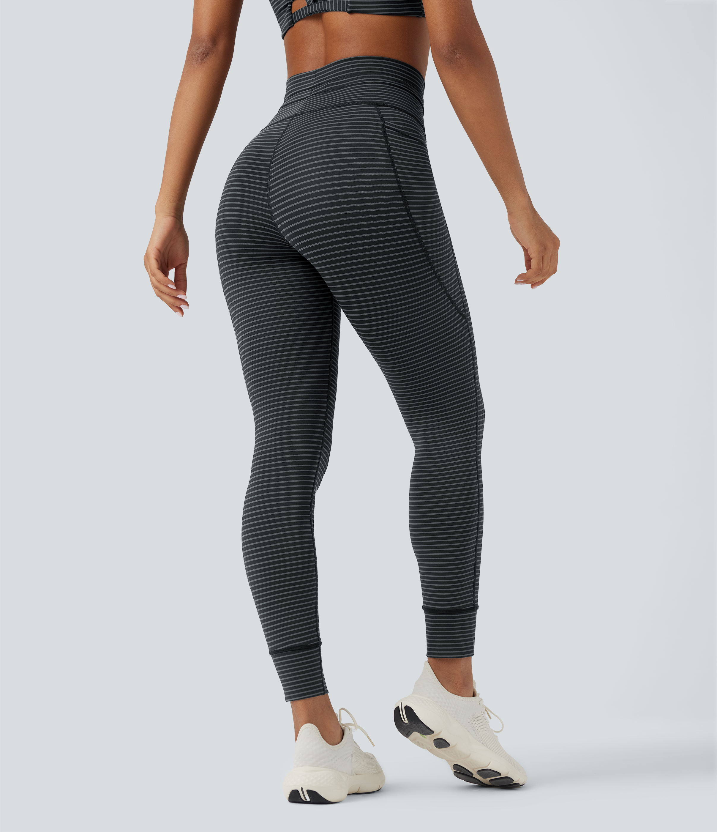 High Waisted Drawstring Striped Yoga Leggings with Pockets