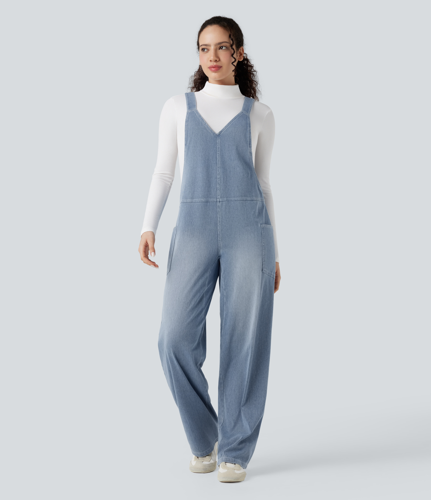 V Neck Pocket Washed Denim Casual Overalls