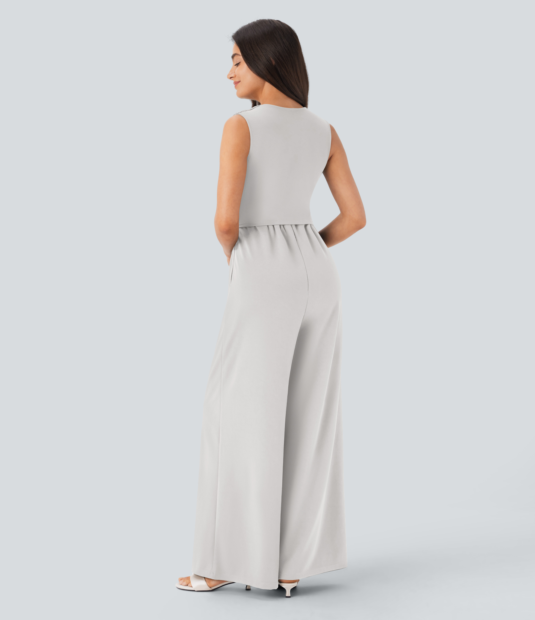 V Neck Sleeveless Ruched Pocket Jumpsuit-Easy Peezy