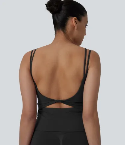 Double-shoulder-strap, Knot-detail, Backless Cropped Yoga Tank – Extended Length
