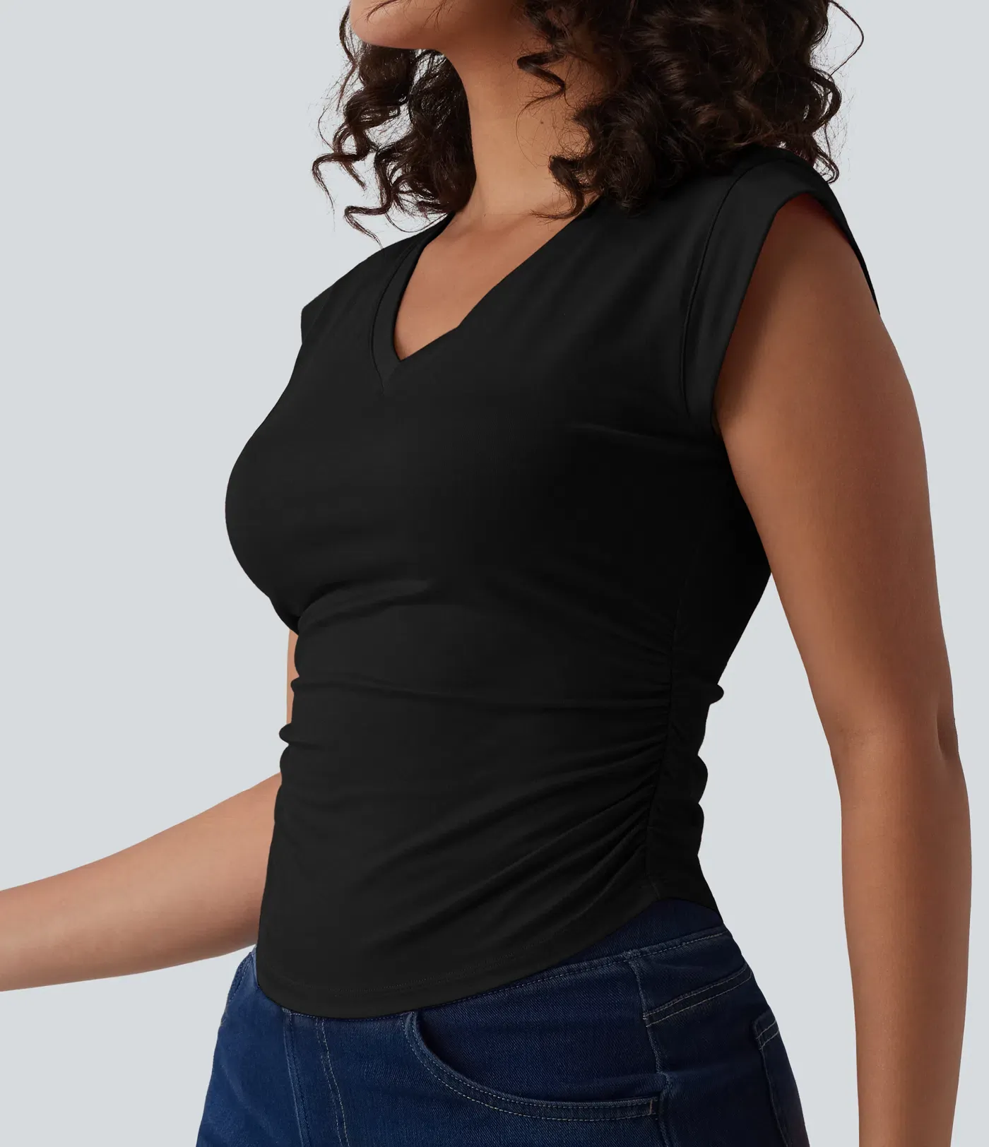 V-Neck Short-Sleeve Curved Hem Pleated Casual Tee