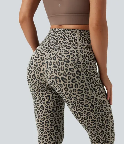 Leopard Print High Waisted Tummy Control Yoga Leggings with Pockets