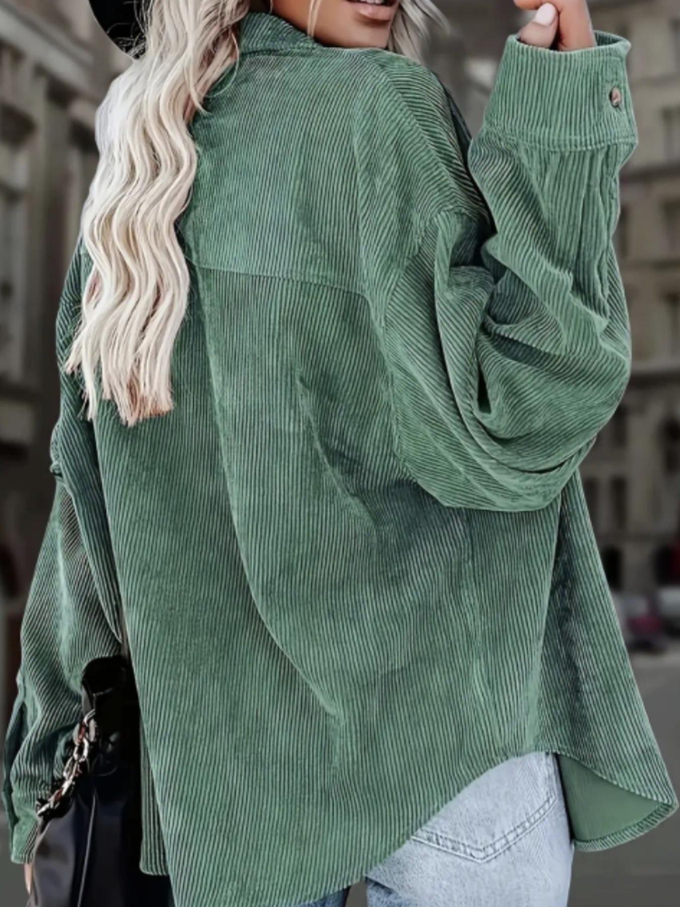 Women's Corduroy Button Collared Blouse Shirt With Pocket, Long Sleeve Loose Fit Oversize Drop Shoulder Casual Everyday Style For Spring & Fall