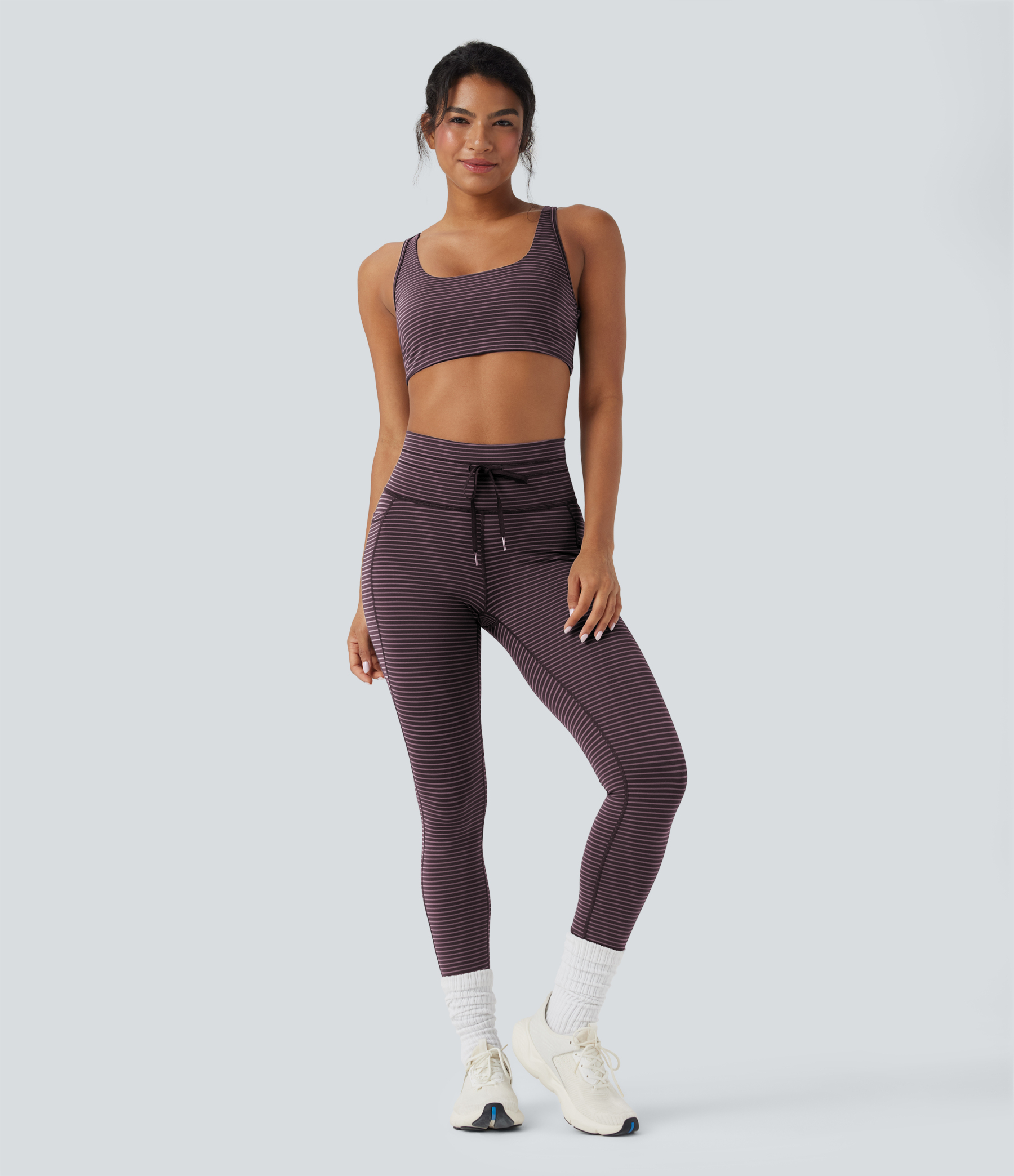 High Waisted Drawstring Striped Yoga Leggings with Pockets