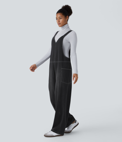 V Neck Pocket Washed Denim Casual Overalls