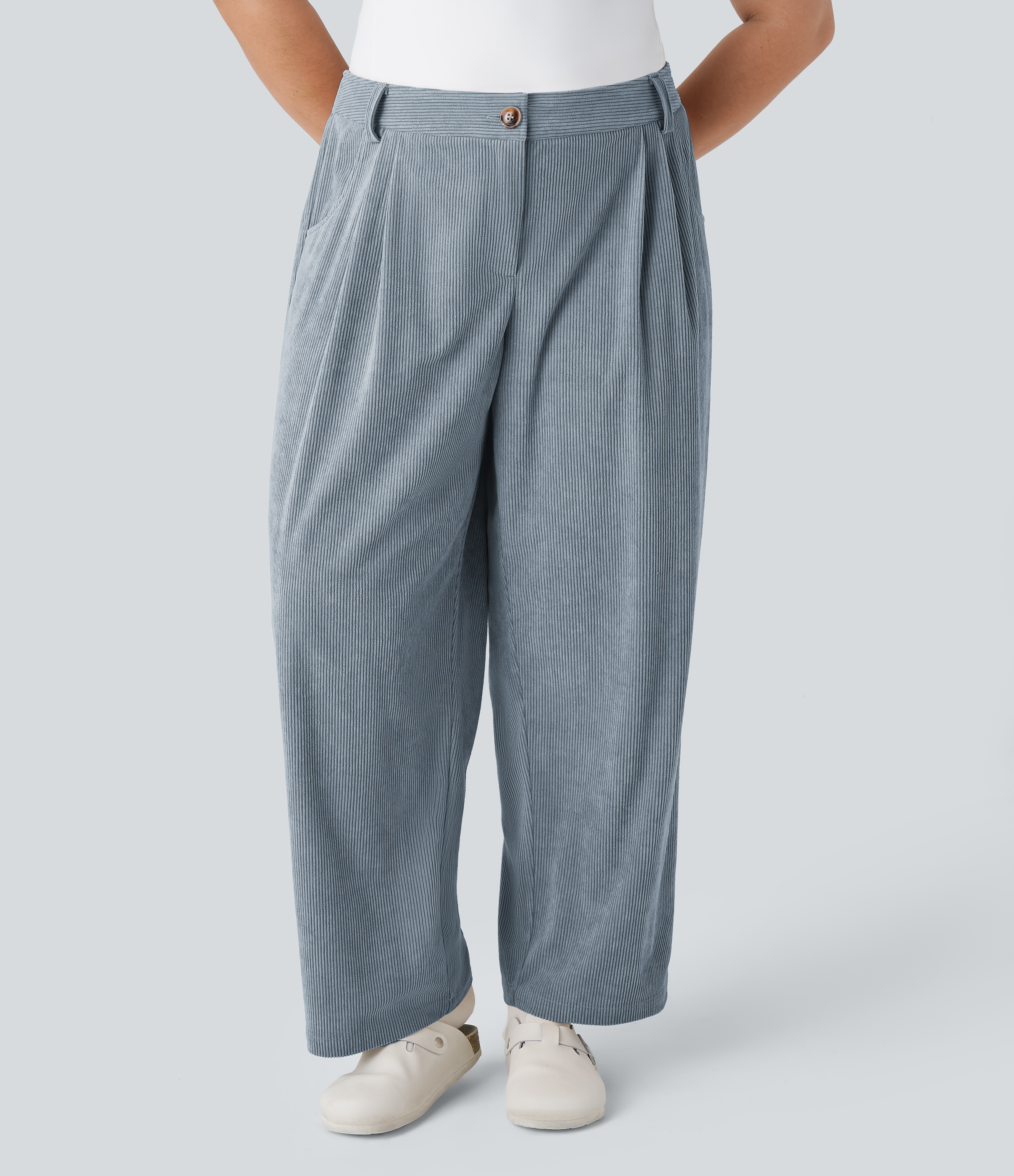 Mid Rise Zipper Pocket Plus Size Corduroy Casual Pants