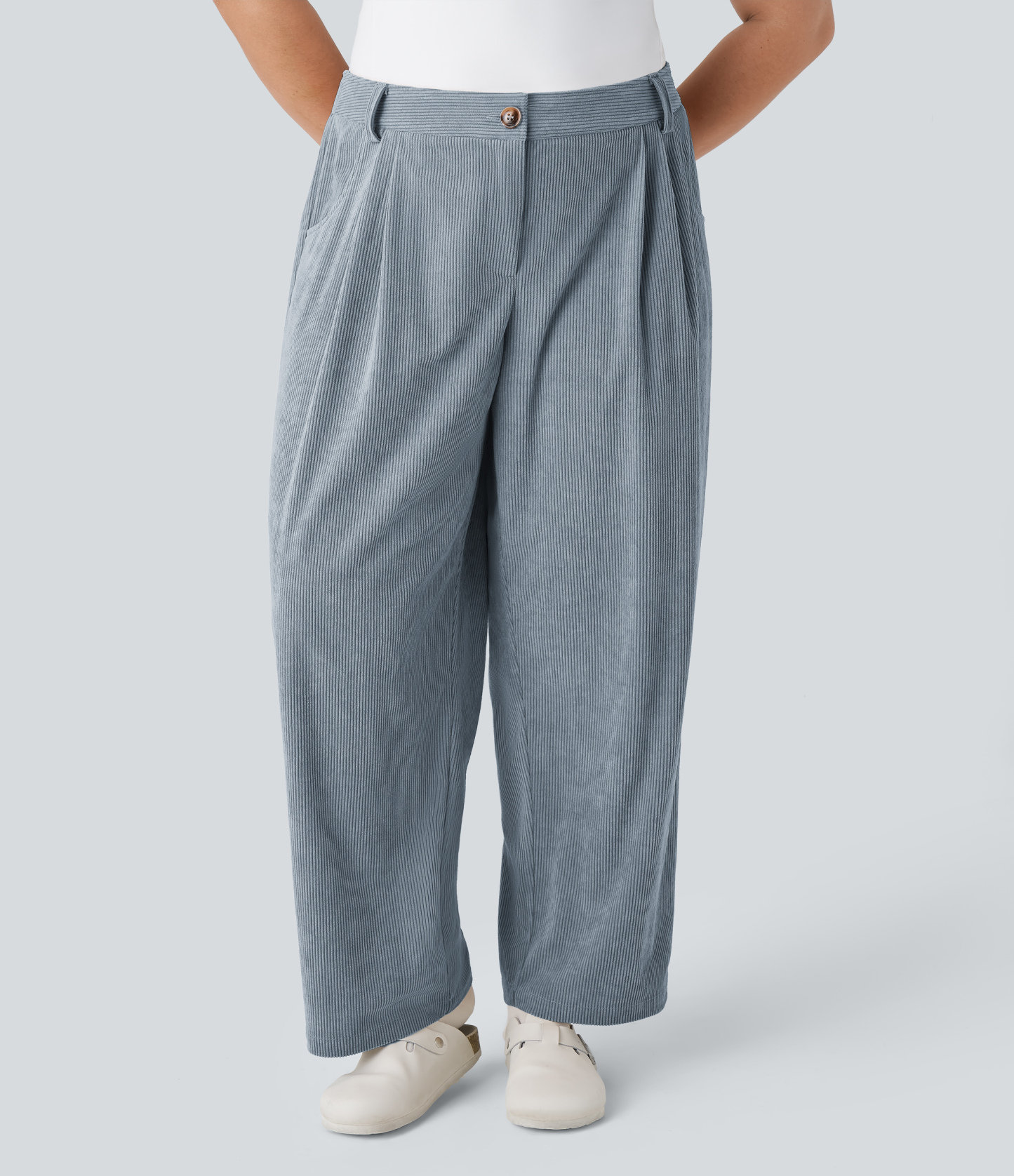 Mid Rise Zipper Pocket Plus Size Corduroy Casual Pants
