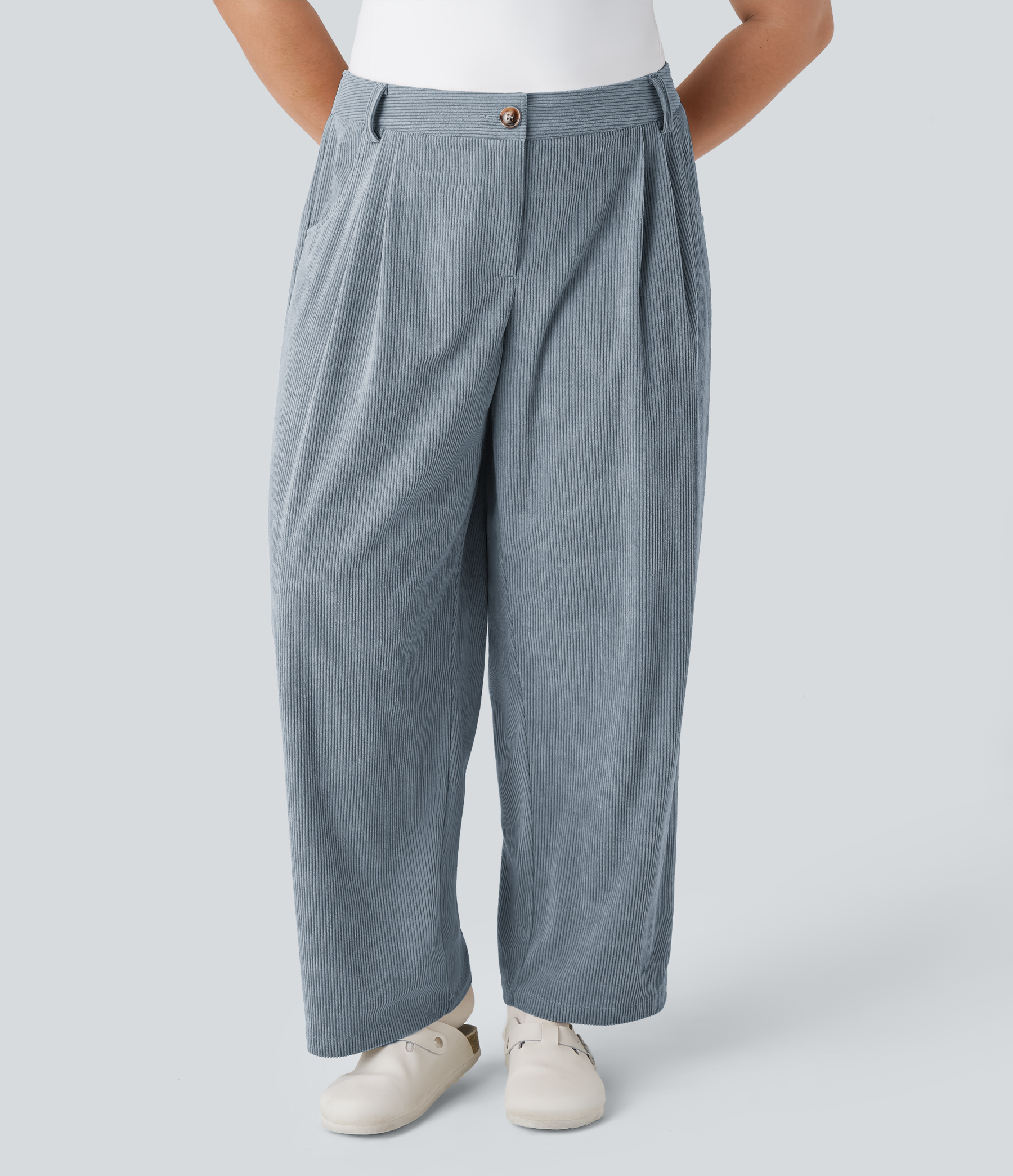 Mid Rise Zipper Pocket Plus Size Corduroy Casual Pants