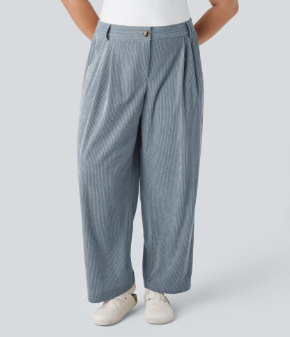 Mid Rise Zipper Pocket Plus Size Corduroy Casual Pants
