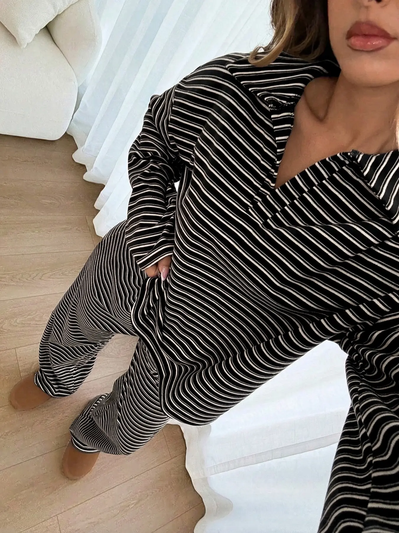 2-Piece Striped V-Neck Lounge Set