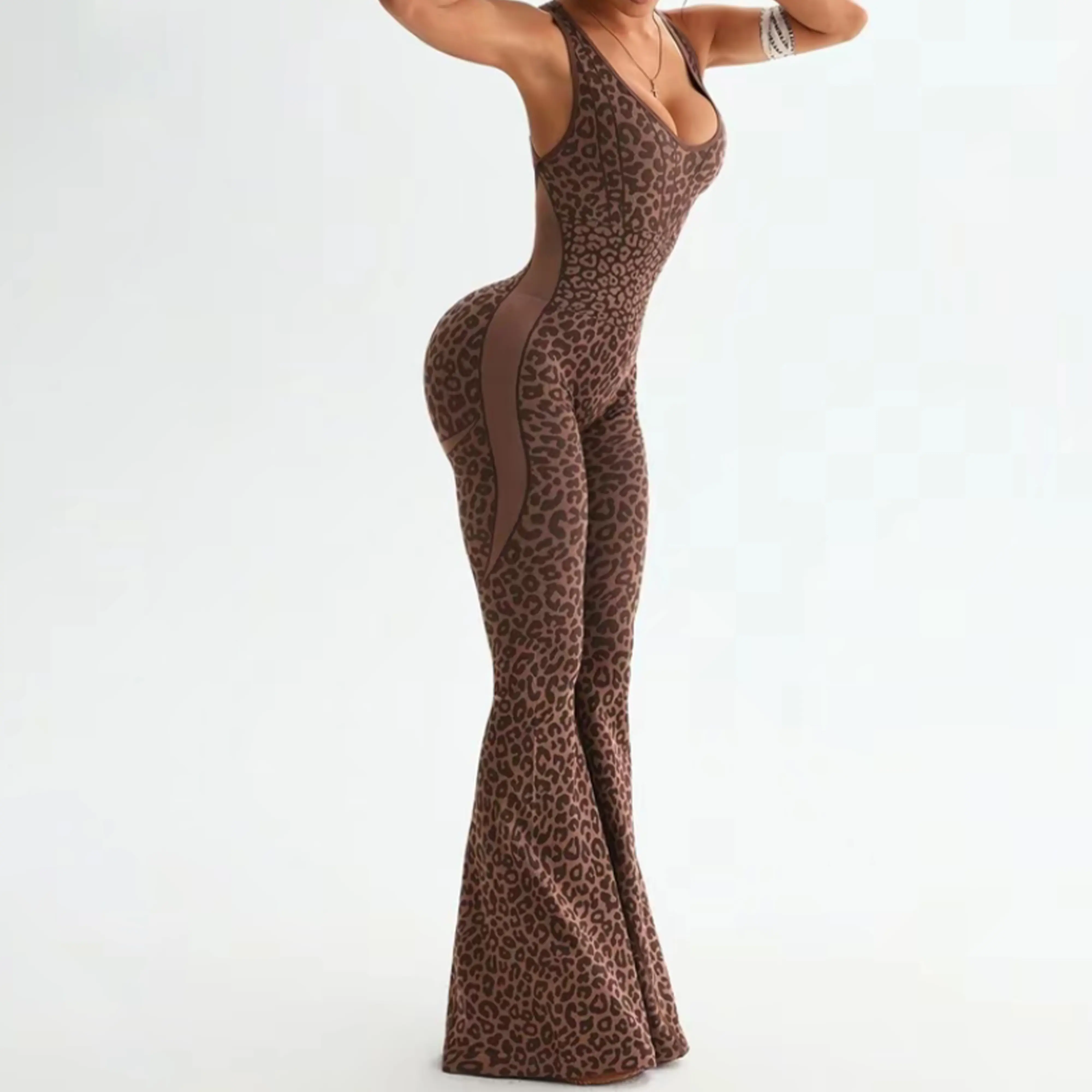 Women's Leopard Print Flared Sports Jumpsuit - Backless Hollow Cross-Twisted Back, High-Waisted, Cooling Quick-Drying, Figure-Flattering Gym Apparel, Sports Clothes, Casual Style for Yoga/Outdoor, Clothes for Women