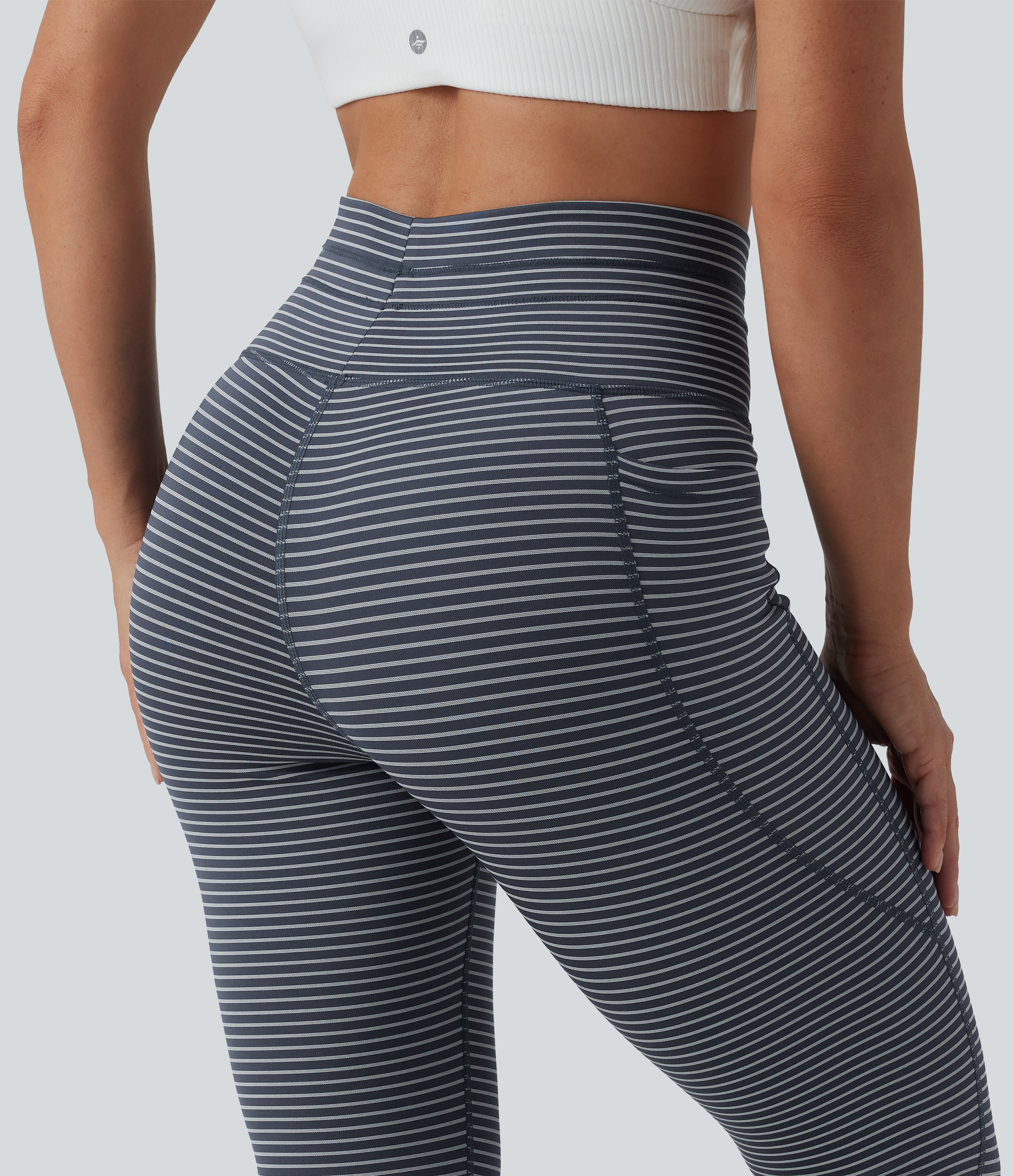 High Waisted Drawstring Striped Yoga Leggings with Pockets