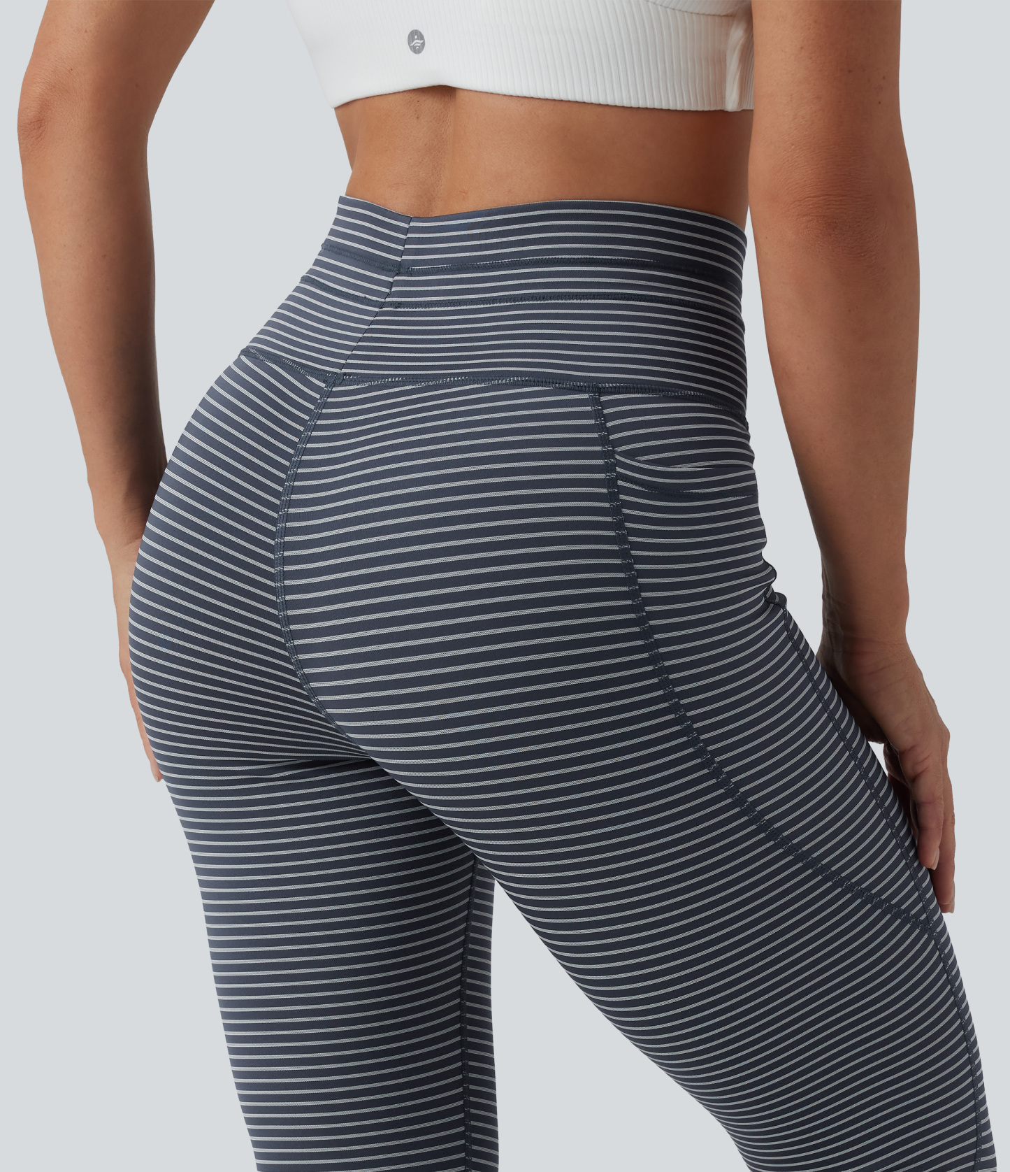 High Waisted Drawstring Striped Yoga Leggings with Pockets