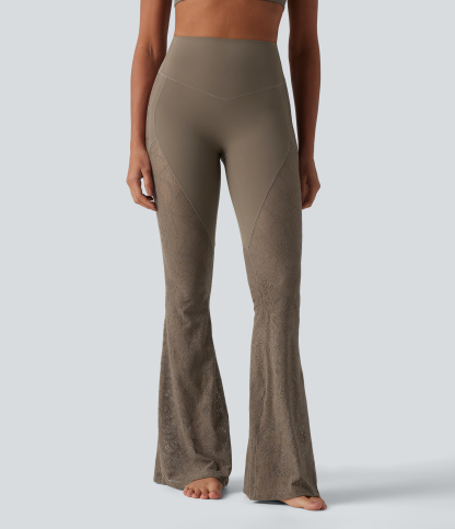 High Waisted Tummy Control Contrast Lace Yoga Flare Leggings with Pocket