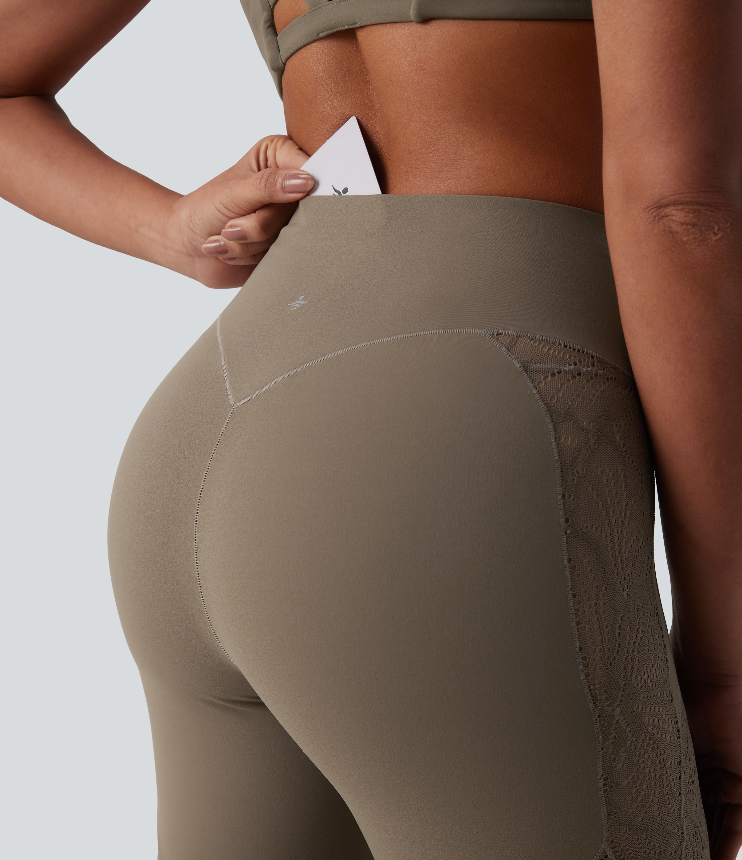 High Waisted Tummy Control Contrast Lace Yoga Flare Leggings with Pocket