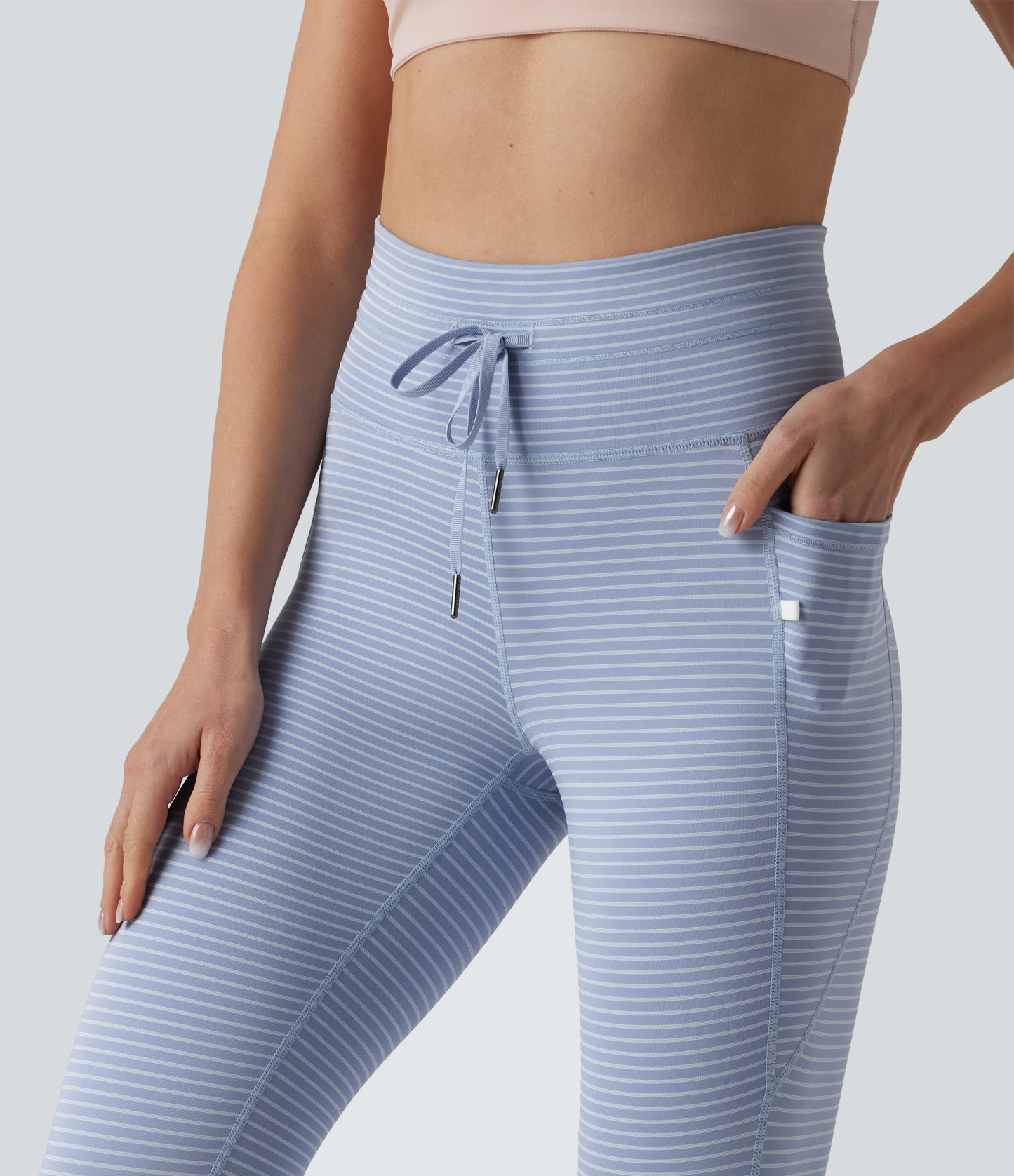 High Waisted Drawstring Striped Yoga Leggings with Pockets