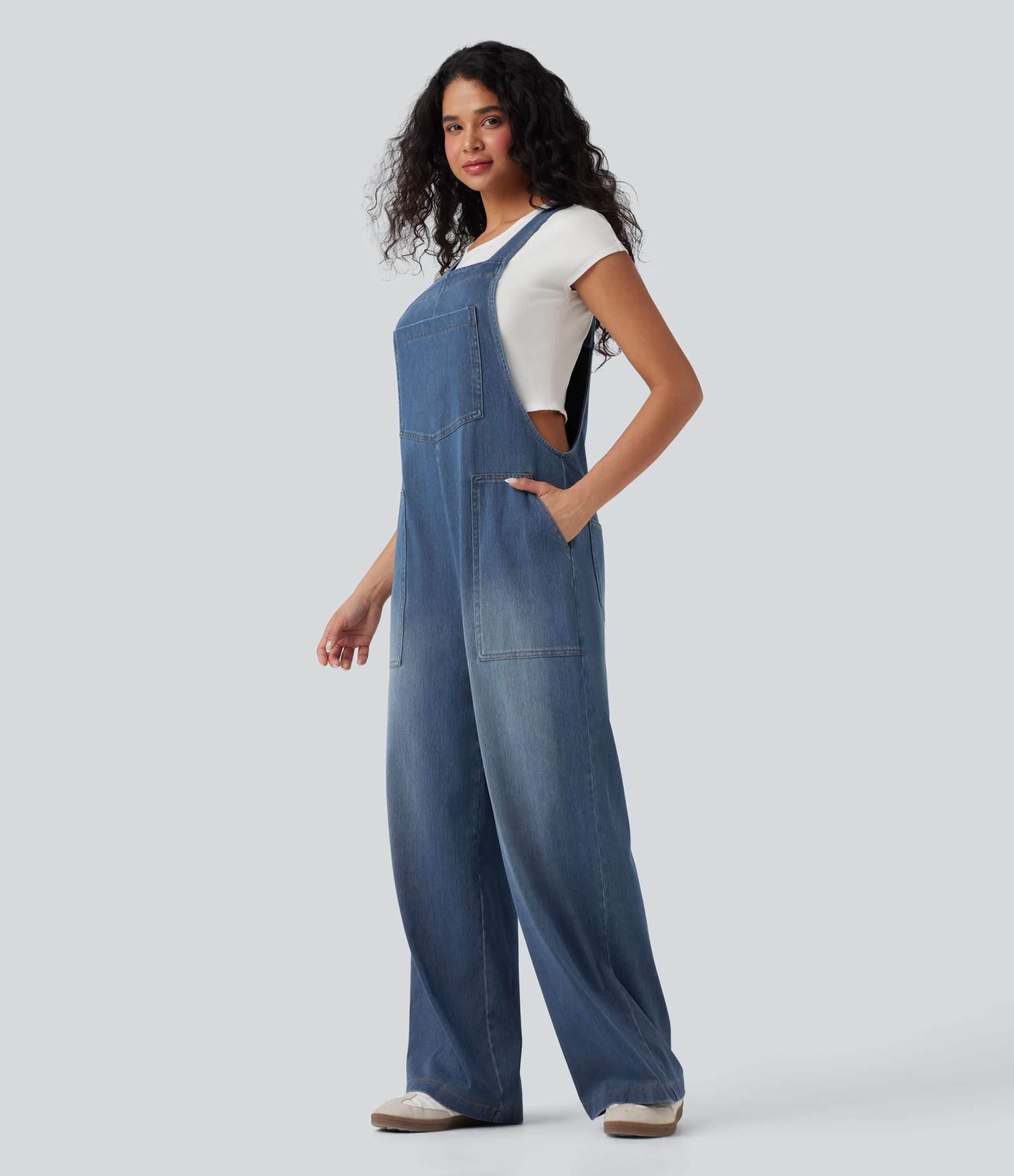 Square Neck Washed Denim Casual Overalls with Pockets