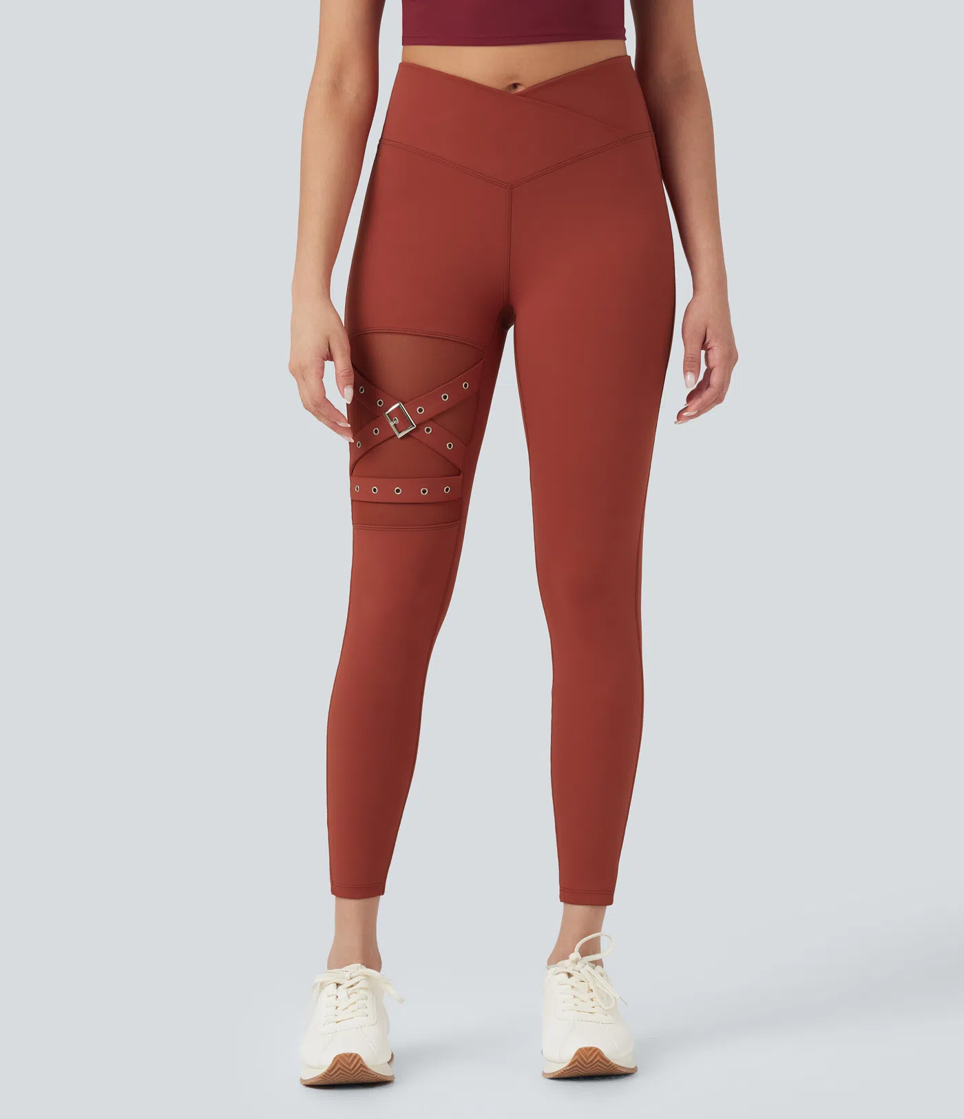DayStretch High Waisted Crossover Contrast Mesh Decorative Buckle Yoga Leggings