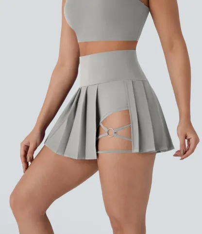 High Waisted Pleated 2-in-1 Side & Pocket Asymmetric Hem Quick Dry Mini Dance Skirt