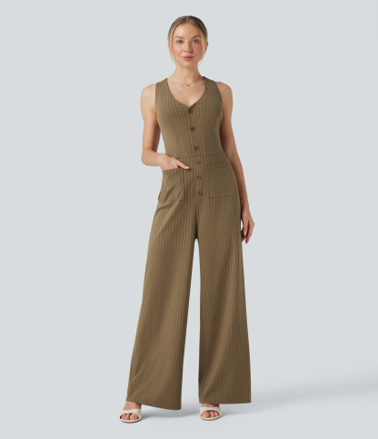 V Neck Sleeveless Cut Out Pockets Wide Leg Stripe Cool Touch Work Jumpsuit