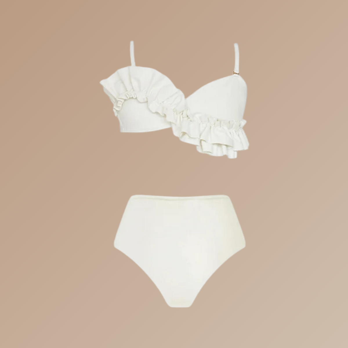 Ruffled Detail White High Waist Bikini Swimsuit and Sarong Flaxmaker