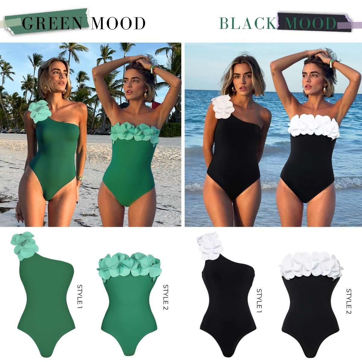 Oblique Shoulder 3D Flower One Piece Swimsuit and Skirt