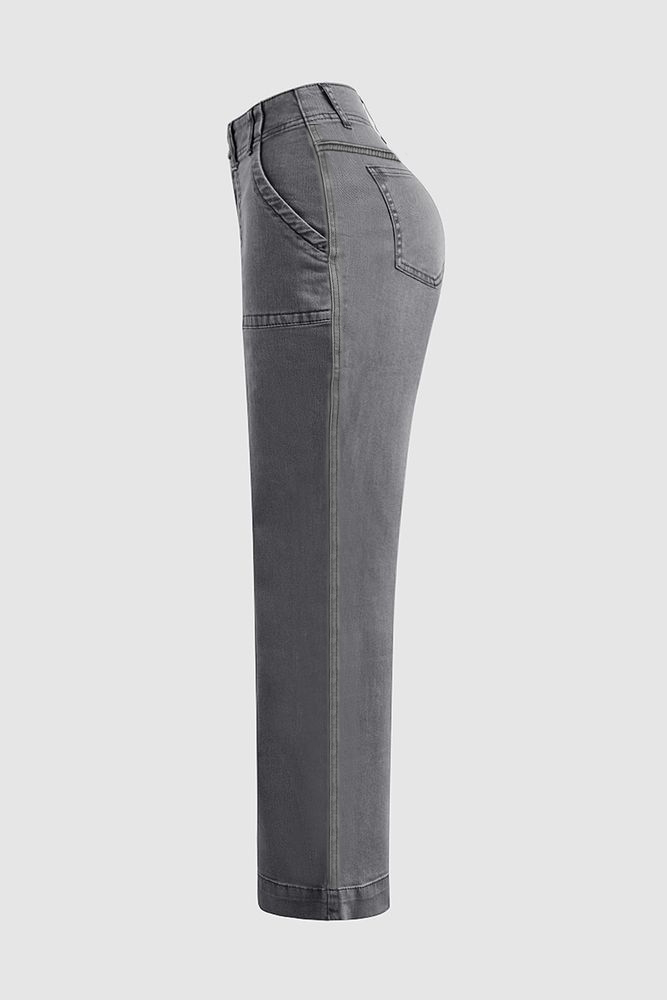 Double Button Mid Waist Straight Leg Pants