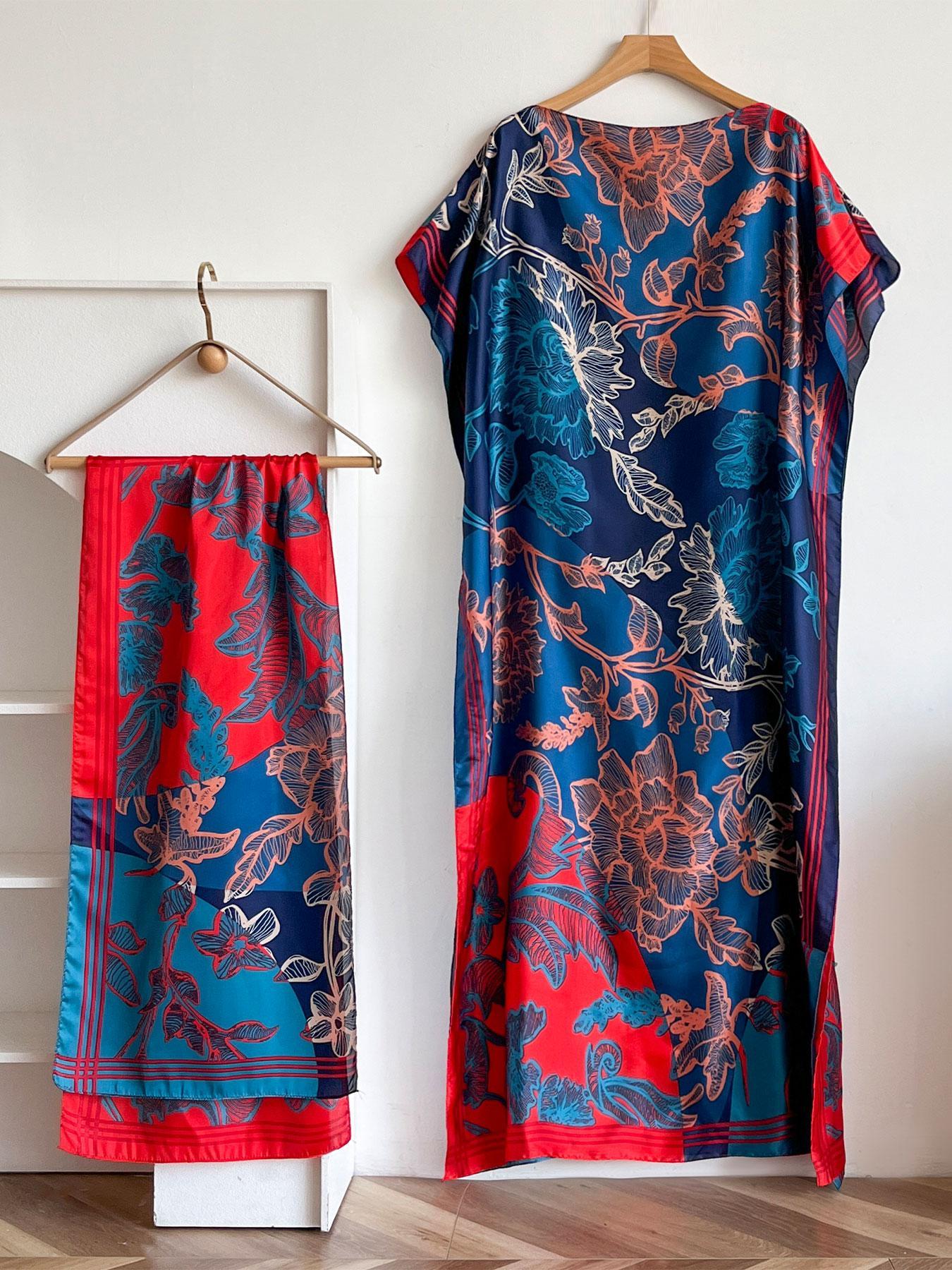 Women's Floral Print Lightweight Long Dress & Scarf Piece Set Outfit, Boho Casual Wear Shawl Dress & Scarf Set for Beach Vacation Holiday, Ladies Clothes for All Seasons