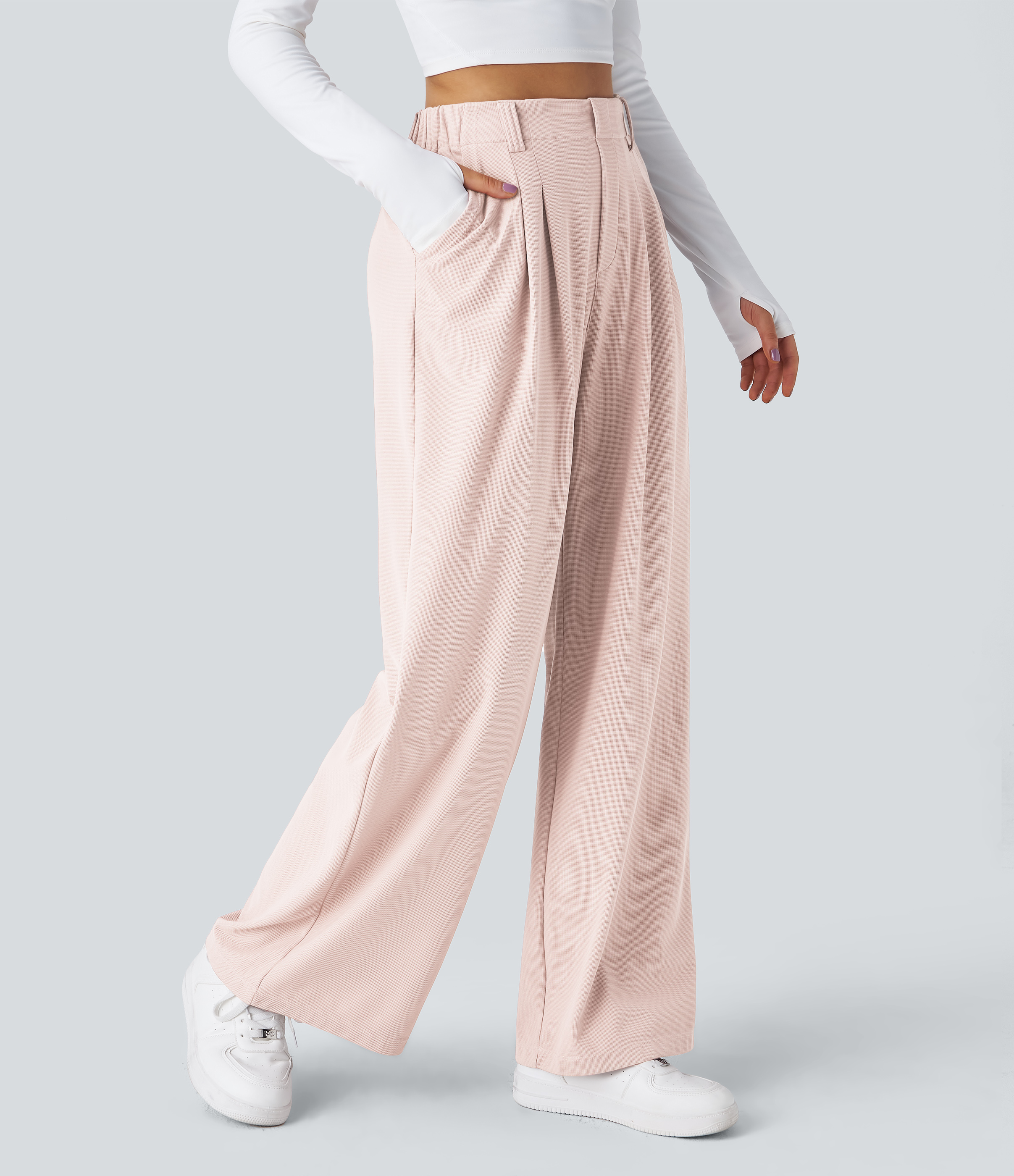 High Waisted Pocket Wide Leg Waffle Work Pants