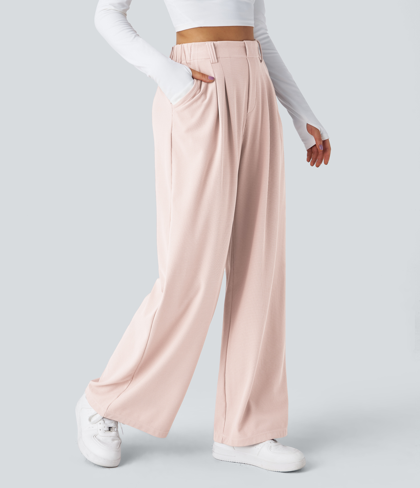 High Waisted Pocket Wide Leg Waffle Work Pants