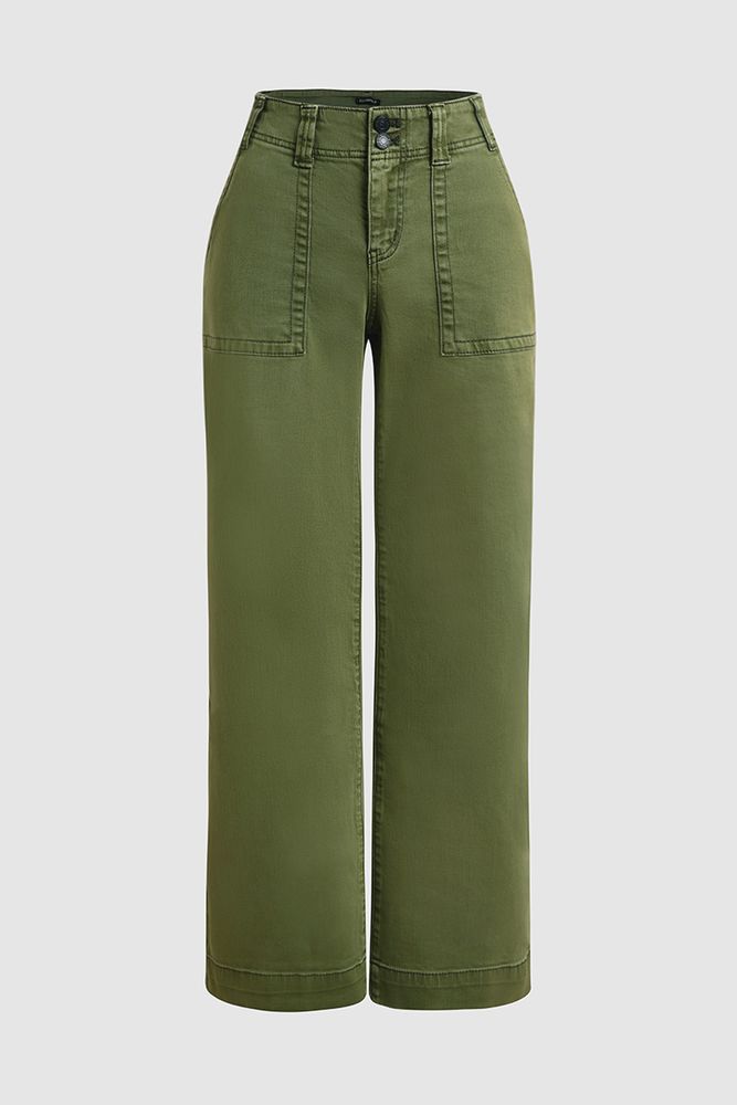 Double Button Mid Waist Straight Leg Pants