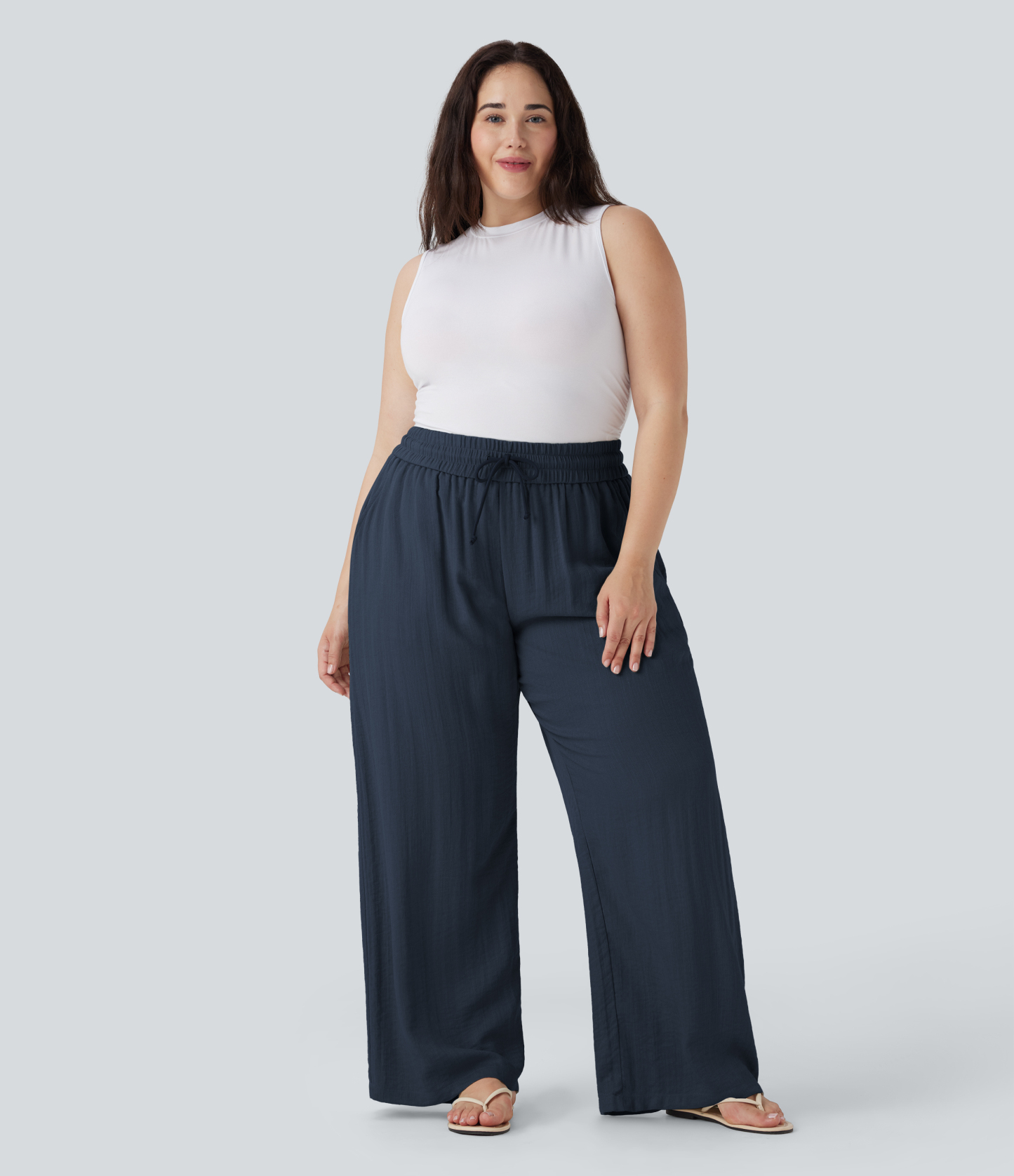 High Waisted Drawstring Linen-Feel Wide Leg Casual Plus Size Pants with Pockets