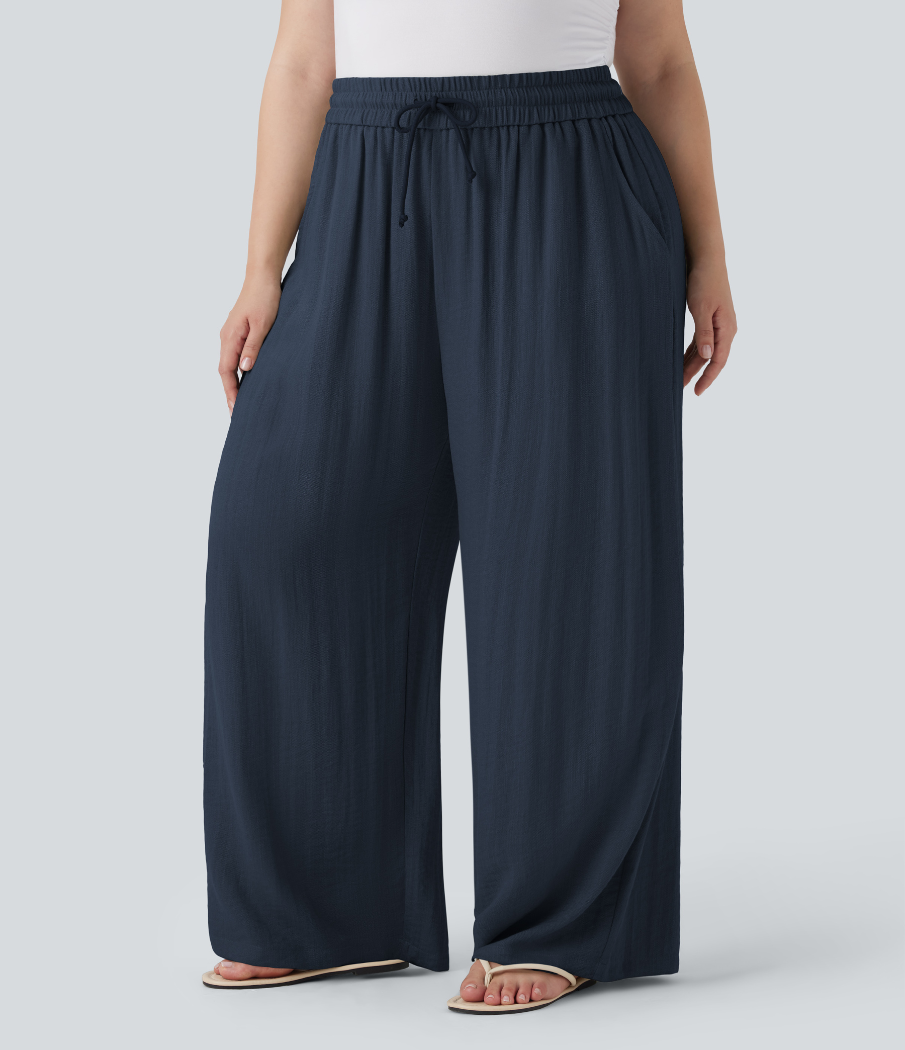 High Waisted Drawstring Linen-Feel Wide Leg Casual Plus Size Pants with Pockets
