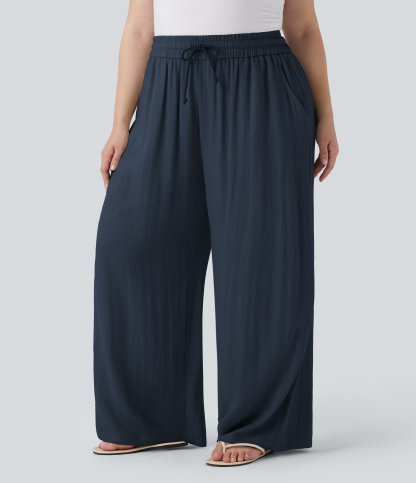 High Waisted Drawstring Linen-Feel Wide Leg Casual Plus Size Pants with Pockets