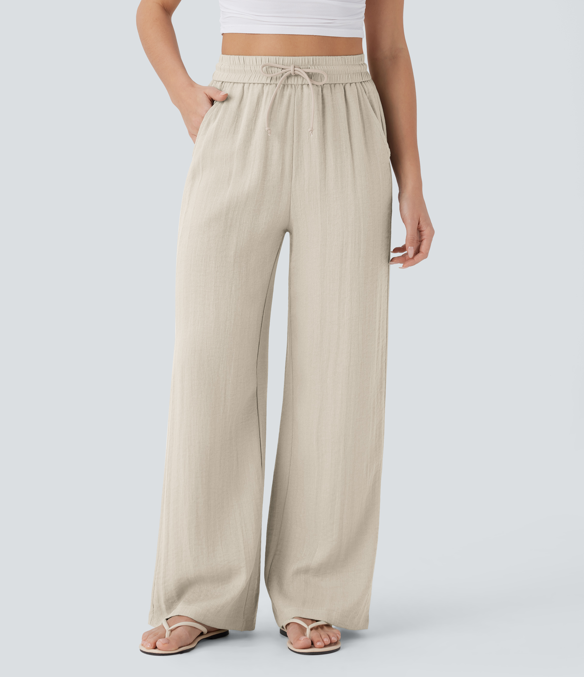 High Waisted Drawstring Pocket Wide Leg Casual Linen-Feel Pants